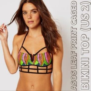 ASOS Blue Leaf Print Caged Bikini Top (US 2)